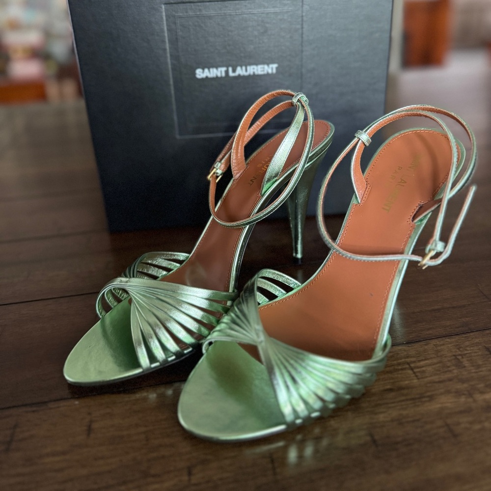 Saint Laurent Metallic Green Strappy “Tina Sandals” Heels